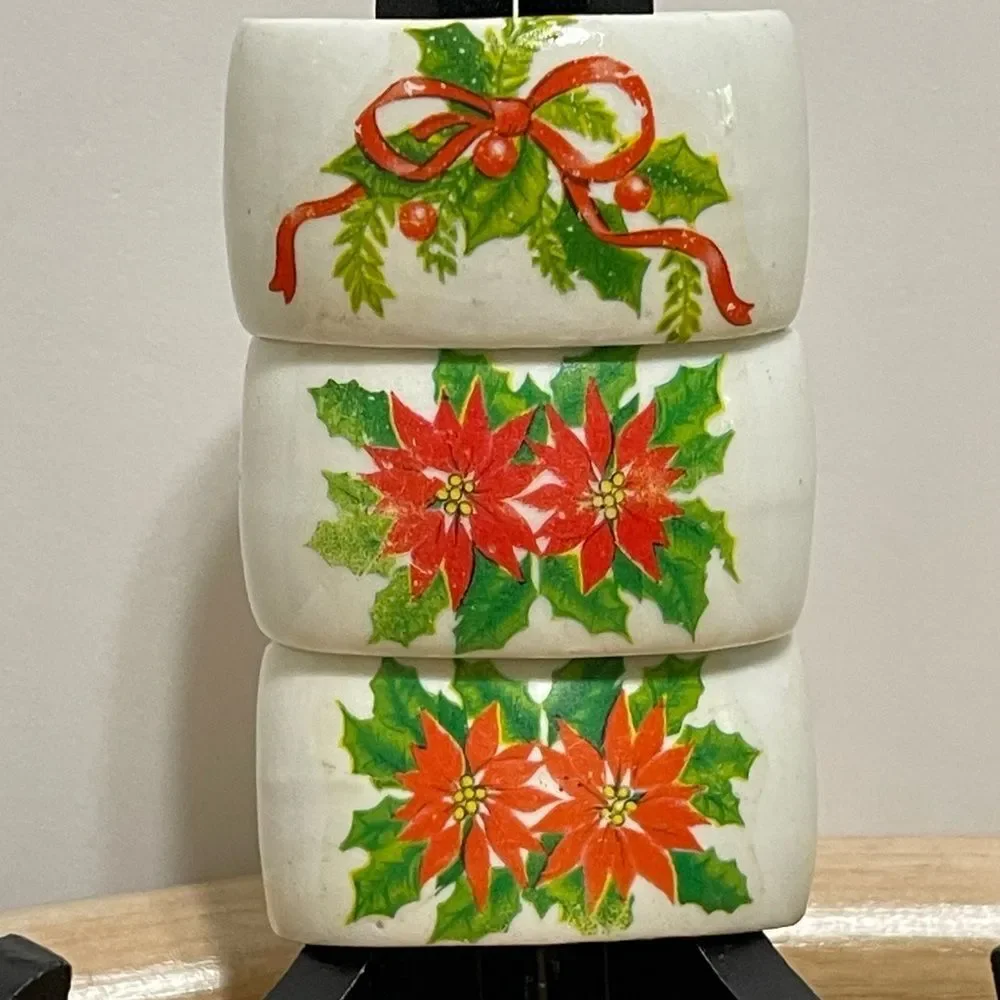 Porcelain Poinsettia & Holly Christmas Napkin Rings Festive Holiday Design 3 Set